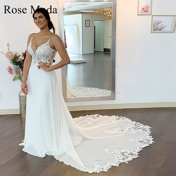 Шифоновые свадебные платья Rose Moda на тонких бретельках с V-образным вырезом и кружевным вырезом, свадебное платье со шлейфом, реальные фотографии