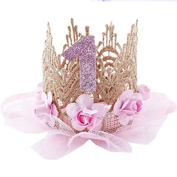 Шляпа для вечеринки в честь Дня рождения принцессы с кружевной сеткой из розового золота, Годовалая Корона с блестками, декор для вечеринки в честь Дня рождения для девочек, с 1-м Днем рождения
