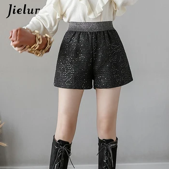 Шорты Jielur, женские осенние черные брюки с эластичной резинкой на талии, Шикарные Тонкие Зимние шорты с карманами, женские шорты трапециевидной формы, S-XXL