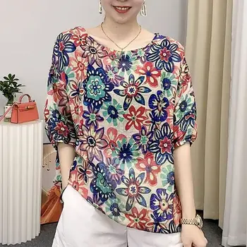 Элегантная винтажная футболка с цветочным принтом, женская одежда, модные Корейские пуловеры с оборками на рукавах 3/4, свободные завязки, новинка