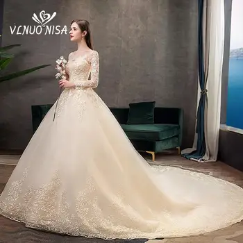 Элегантное Кружевное свадебное платье с вышивкой цвета шампанского, Королевский шлейф, Robe De Mariee, Бальное платье для влюбленных, Свадебное платье Vestido De Noiva 32