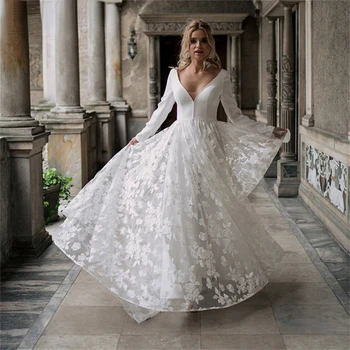 Элегантные атласные свадебные платья трапециевидной формы для женщин 2023, сексуальное платье невесты с V-образным вырезом и длинным рукавом, кружевное белое свадебное платье Vestidos De Noiva