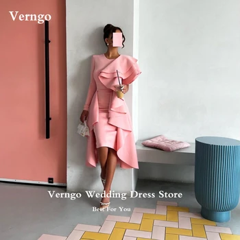 Элегантные вечерние платья Verngo розового цвета, Стрейчевые атласные платья с круглым вырезом и длинными рукавами и оборками длиной до колен