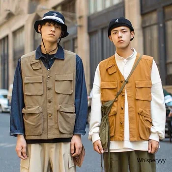 Японская модная куртка-карго с несколькими карманами, мужской Уличный бренд Tide, Свободный Жилет без рукавов 2023, Повседневный Винтажный