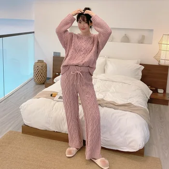 Японская синельная вязаная пижама, женский осенне-зимний однотонный свитер, толстая мягкая домашняя одежда, костюм-двойка, свободная повседневная пижама