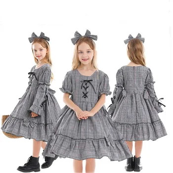 Японское готическое милое платье в стиле Лолиты для девочек, Клетчатое платье принцессы со шнуровкой, Милый бант, съемный рукав, костюм девушки на Хэллоуин